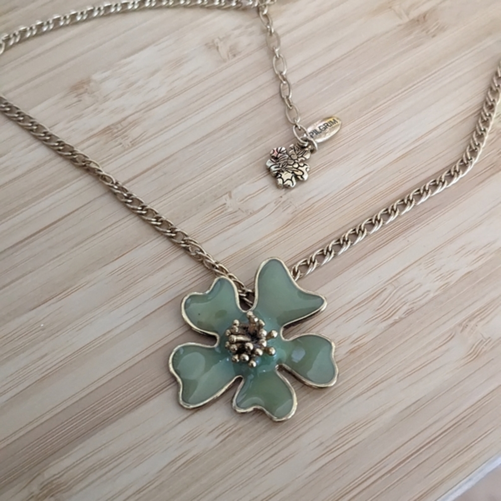 Vintage Pilgrim Gold and Green Floral Enamel Necklace